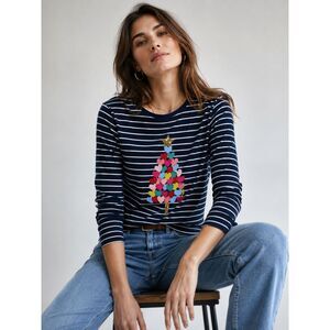 Joules Harbour Luxe Heart Tree Striped Top Women’s US 4 100% Cotton